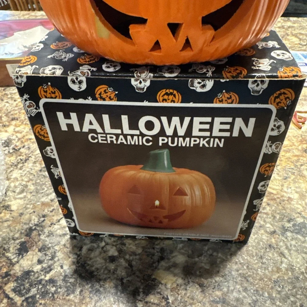 Halloween Ceramic Pumpkin Jack o Lantern 1980's Vintage Candle Holder